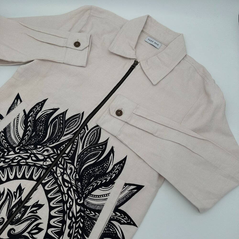 NWOT RAGA MAN‎ Men's Graphic Print Canvas Full Zip Jacket, Size Small, Cream